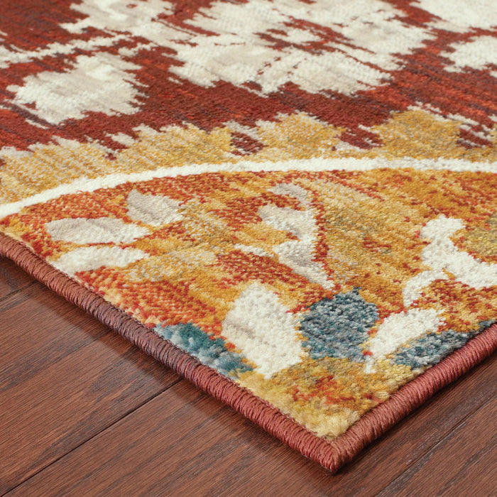 10' x 13' Oriental Power Loom Stain Resistant Area Rug - Red Gold Teal Gray Ivory And Blue