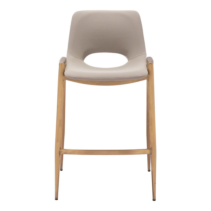 Set of two beige faux leather and steel low back counter height bar chairs with gold accents by HomeRoots.