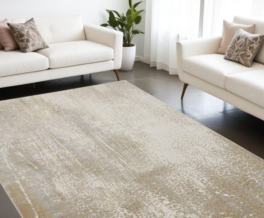10' x 13' Abstract Stain Resistant Area Rug - Ivory Gray And Gold