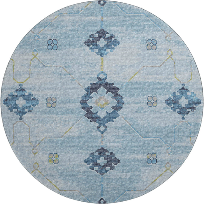 8' Floral Medallion Washable Round Rug With UV Protection - Blue And Olive