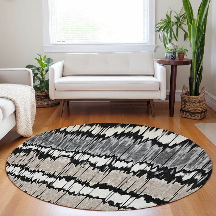 8' Striped Washable Round Rug With UV Protection - Black And Brown