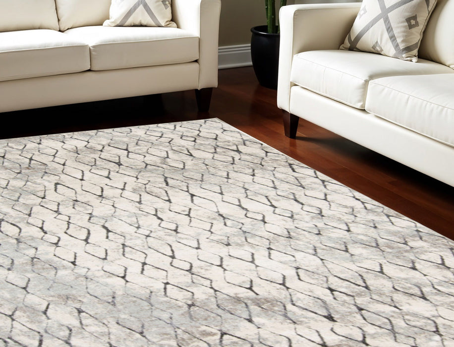 8' X 10' Geometric Power Loom Worn Faded Area Rug - Gray And Ivory