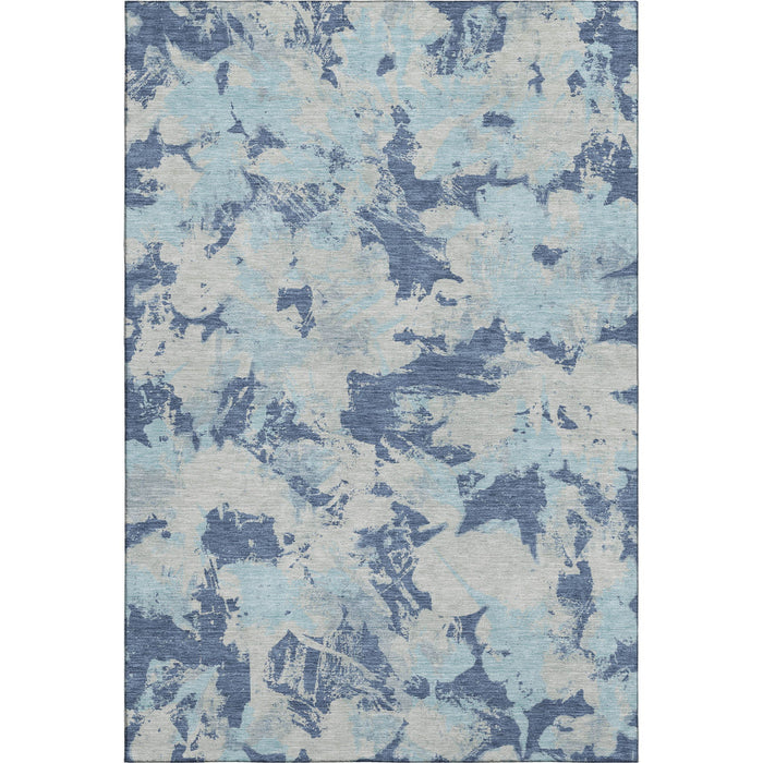 10' X 14' Floral Washable Area Rug With UV Protection (670351) - Navy Blue / Silver / Sky Blue