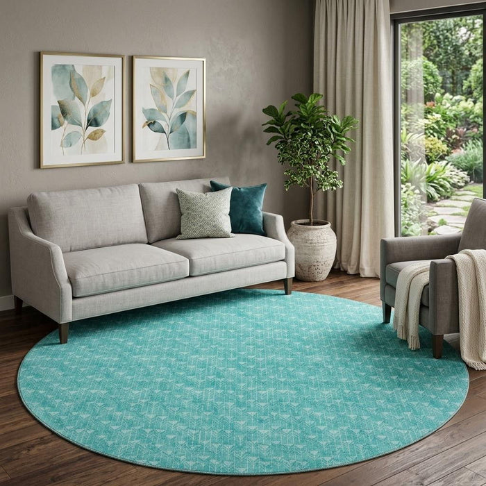 8' Geometric Washable Round Rug With UV Protection (647119) - Teal / Ivory