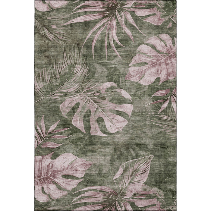 10' X 14' Floral Washable Area Rug With UV Protection (706963) - Olive Green / Blush
