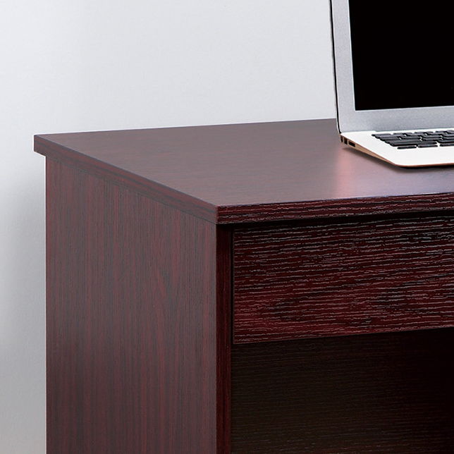 Giga Mahogany writing desk with three locking drawers, metal glides, modesty panel, and metal bar handles.