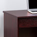 Giga Mahogany writing desk with three locking drawers, metal glides, modesty panel, and metal bar handles.