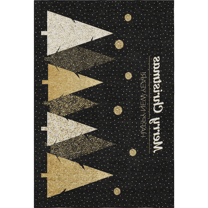 5' X 8' Christmas Tree Washable Area Rug With UV Protection (646465) - Black / Gold / Ivory