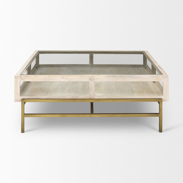 44" Clear Solid Wood Glass And Iron Storage Coffee Table - Gold And Off White