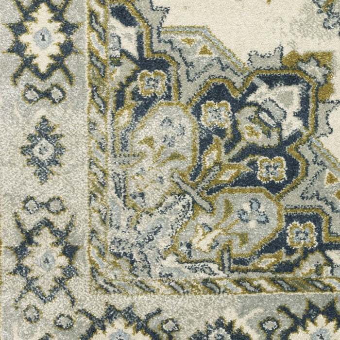 10' x 13' Oriental Power Loom Stain Resistant Area Rug - Ivory Blue Teal Gray And Olive Green