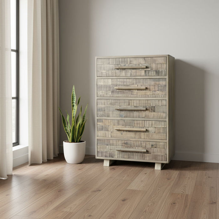 35" Carved Geometric Solid Wood Five Drawer Dresser - White
