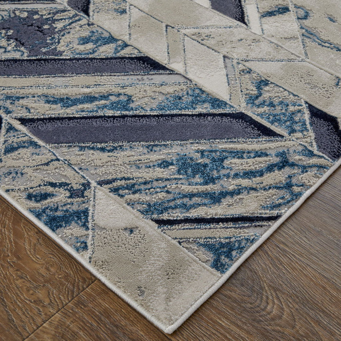 10' x 13' Chevron Power Loom Distressed Area Rug - Ivory Blue And Gray