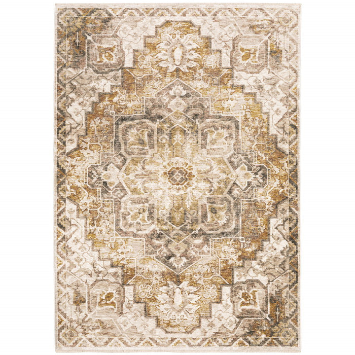 10' x 13' Oriental Power Loom Stain Resistant Polyester Area Rug With Fringe - Gold And Ivory