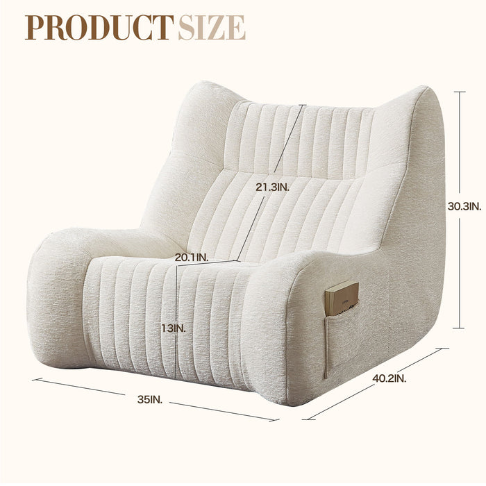 Giga white adult bean bag chair with soft chenille fabric, cozy floor sofa and lounge reading chair in a living room setting