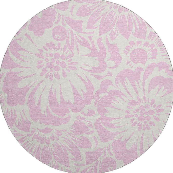 8' Floral Washable Round Rug With UV Protection (648685) - Pink / Ivory