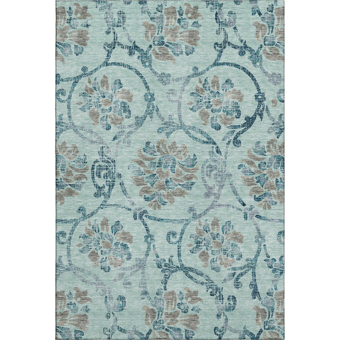 10' X 14' Floral Washable Area Rug With UV Protection - Teal And Gray