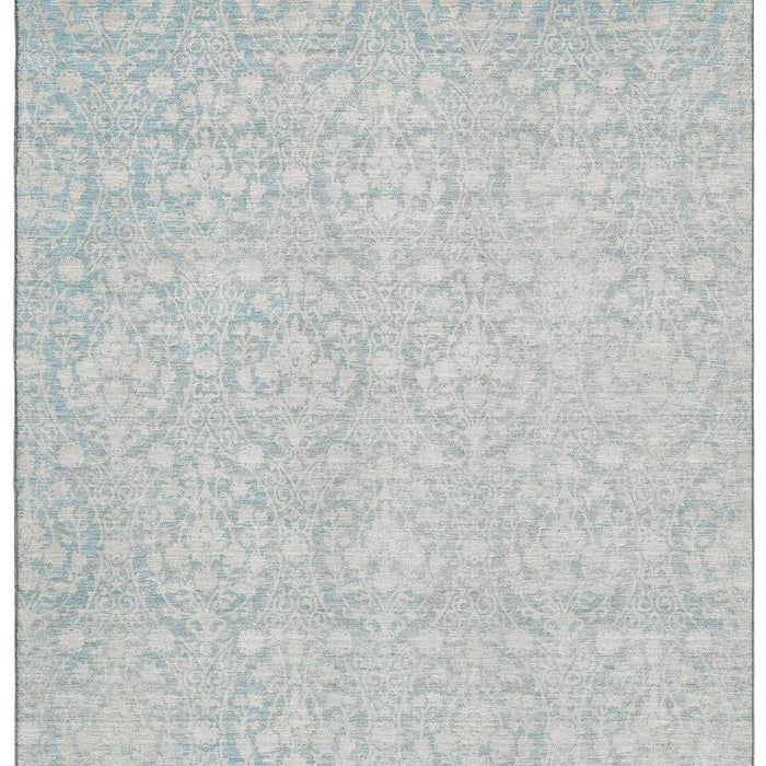10' X 14' Damask Washable Area Rug With UV Protection (692070) - Aqua / Ivory