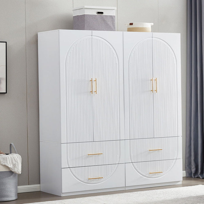 74" Carved Geometric Four Door Four Drawer Combo Dresser - White