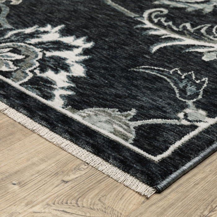 10' X 13' Floral Area Rug With Fringe (575132) - Blue / Black / Ivory