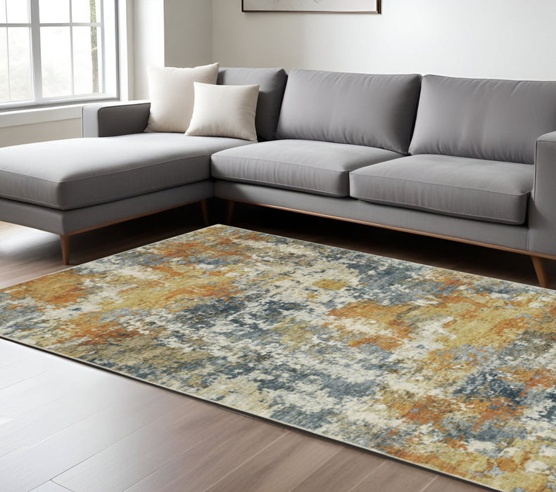 8' x 10' Abstract Printed Stain Resistant Non Skid Area Rug - Teal Blue Orange Gold Gray Tan Brown And Beige