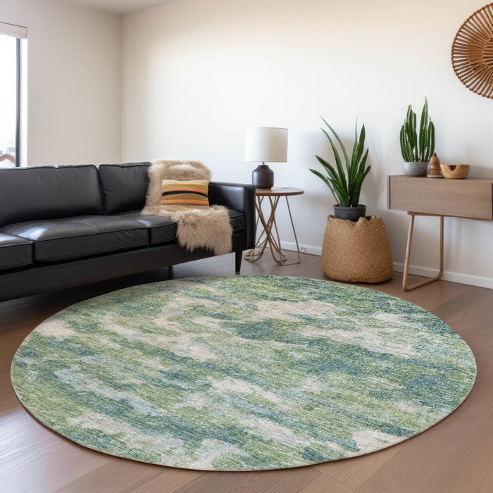8' Abstract Washable Round Rug Polyester With UV Protection - Green / Ivory