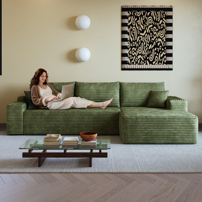 107" Corduroy Modular Compression Foam Sofa With Toss Pillows - Green