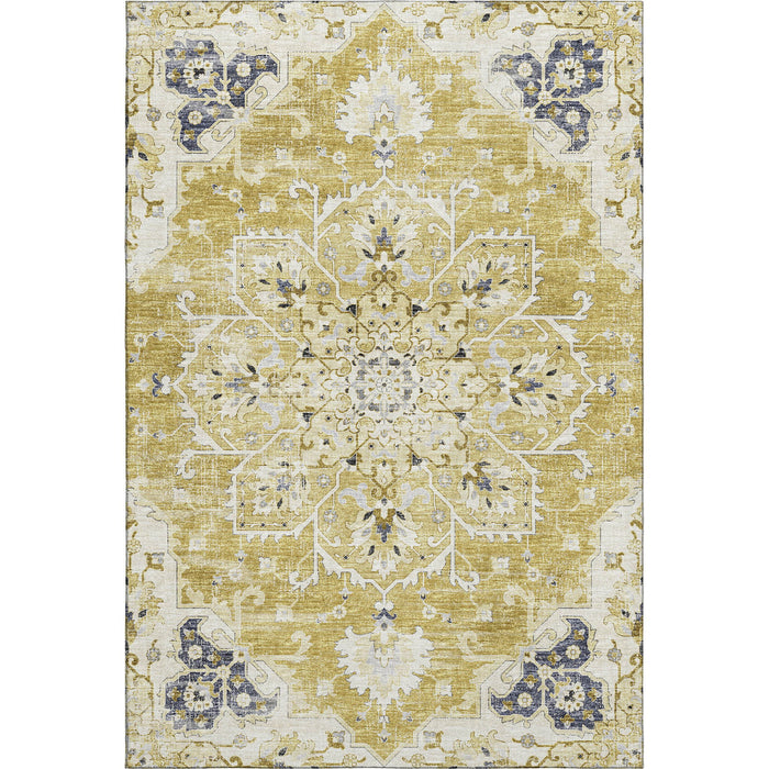 10' X 14' Floral Medallion Distressed Washable Area Rug With UV Protection (644538) - Gold / Ivory / Blue