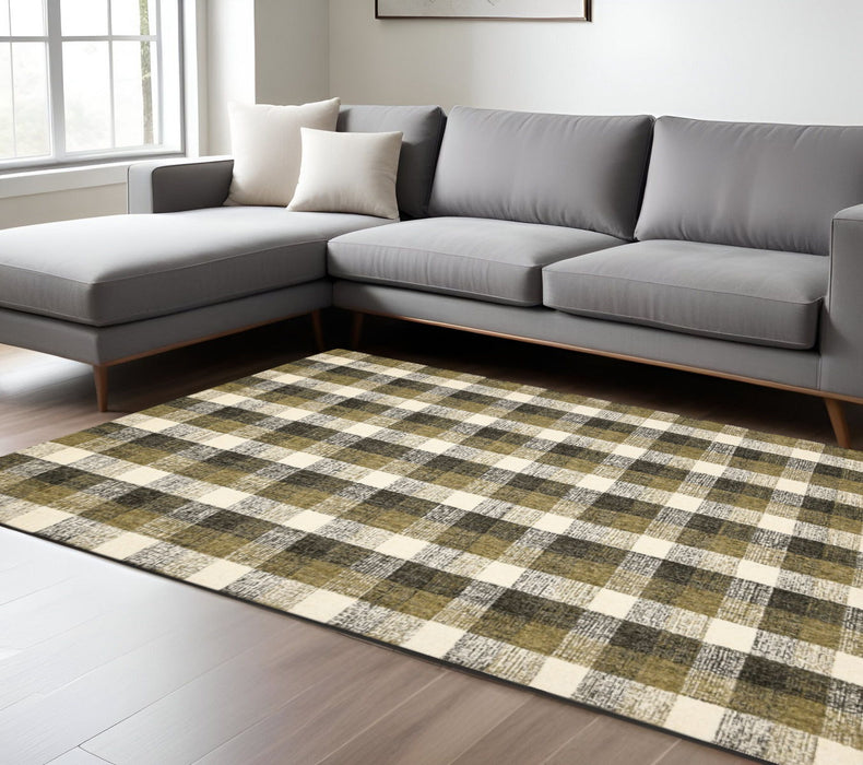 8' X 10' Khaki Wool Plaid Hand Tufted Area Rug - Charcoal