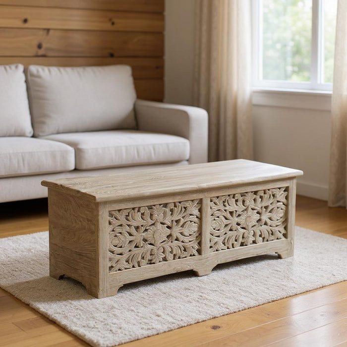 52" Distressed Solid Wood Carved Floral Storage Ottoman - Gray