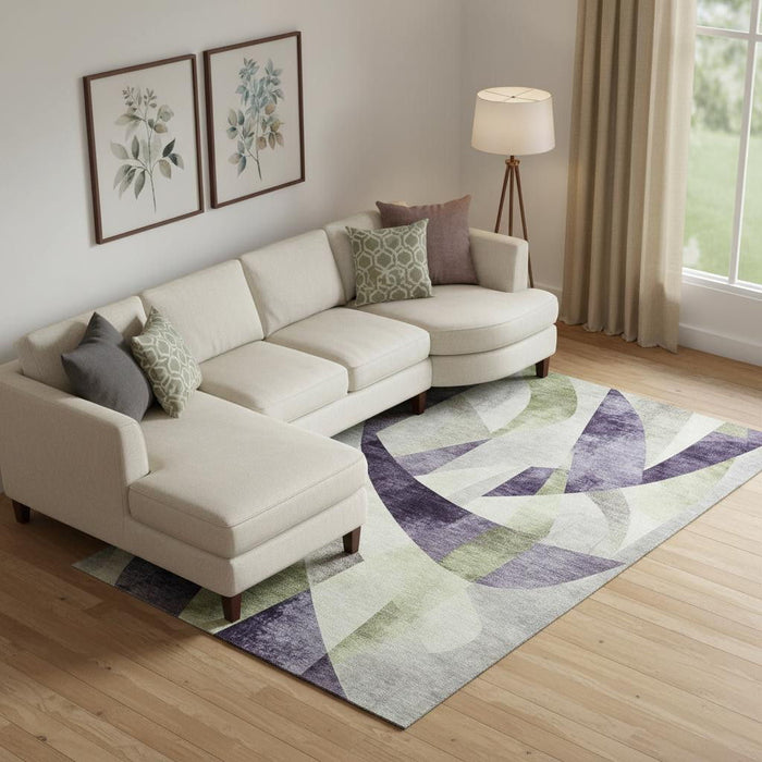 10' X 14' Abstract Geometric Washable Area Rug With UV Protection (705281) - Purple / Ivory / Green