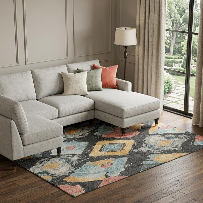 10' X 14' Abstract Geometric Washable Area Rug With UV Protection (696614) - Charcoal / Gold / Coral