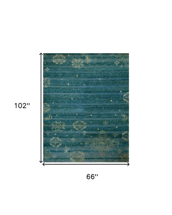 6' x 9' Striped Hand Knotted Area Rug - Tan Blue And Green