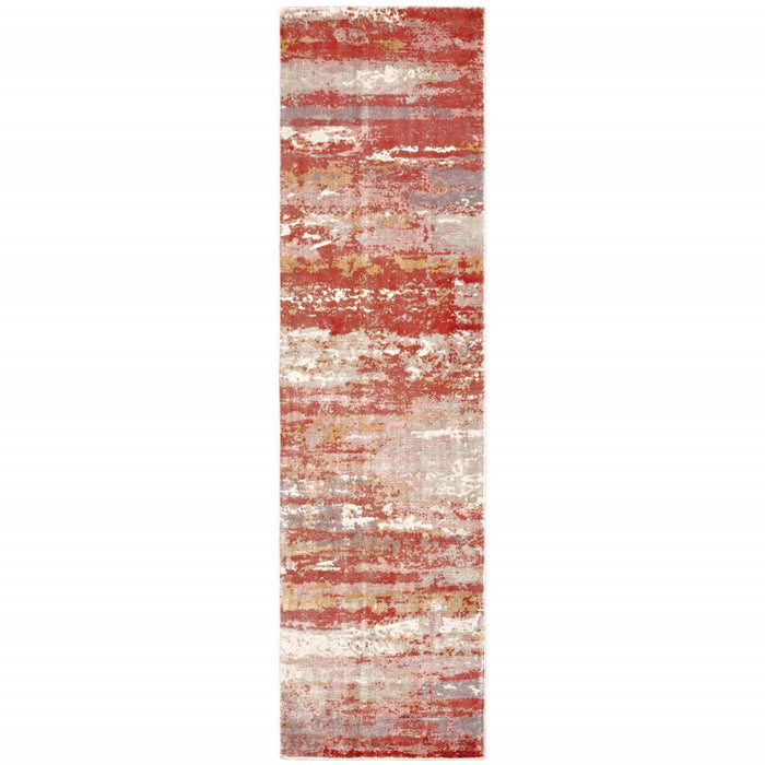 2' x 10' Abstract Hand Loomed Stain Resistant Runner Rug - Pink And Red