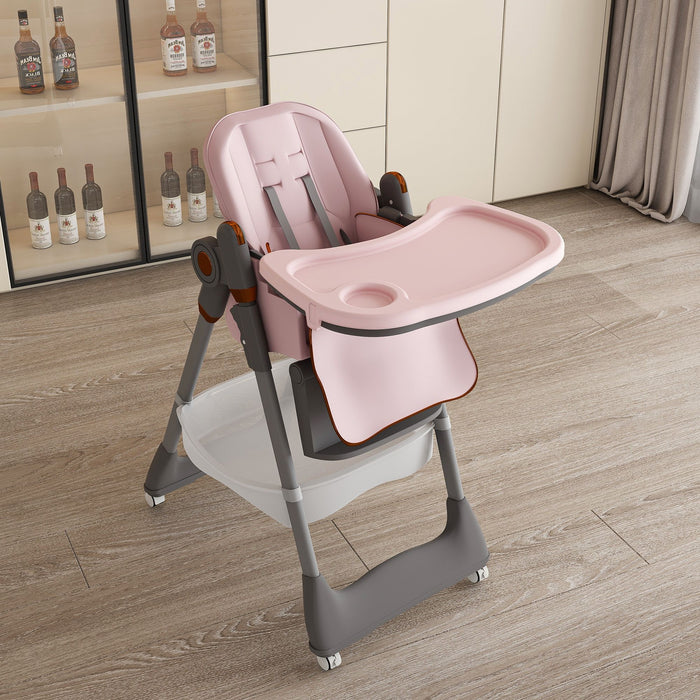 Giga adjustable baby high chair with safety belt and lockable wheels, suitable for infants to 6 years, portable arm chair for feeding