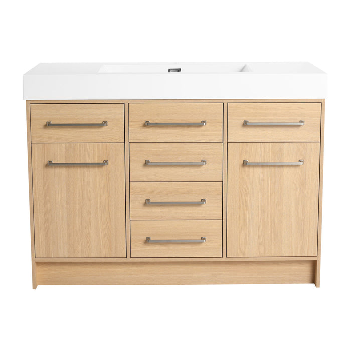 Giga freestanding bathroom vanity with resin sink, soft-closing doors and drawers, modern design, and sleek finish.