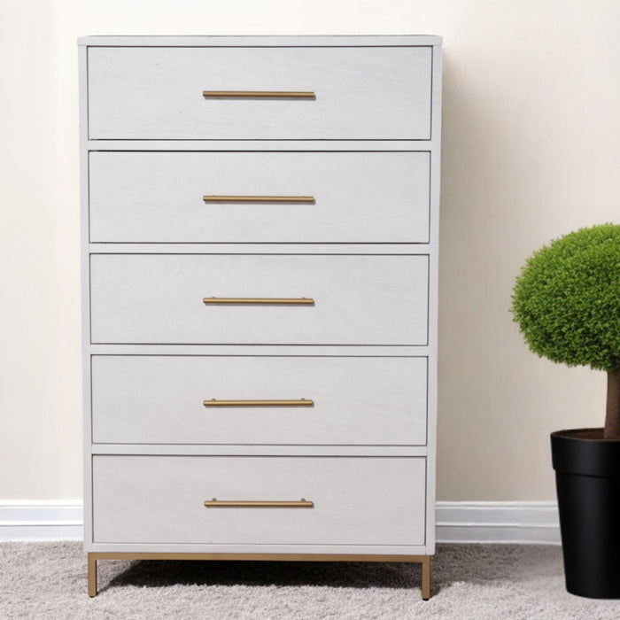 Solid Wood, Five Drawer Chest - White