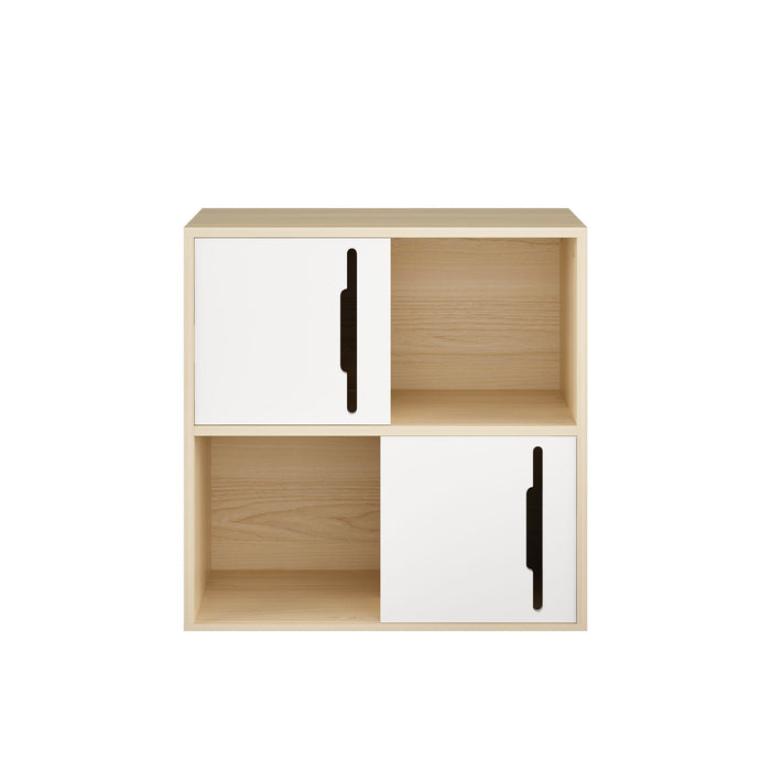Giga storage cabinet with sliding doors, featuring two-tier open and closed shelves in natural and white finish.
