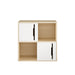 Giga storage cabinet with sliding doors, featuring two-tier open and closed shelves in natural and white finish.