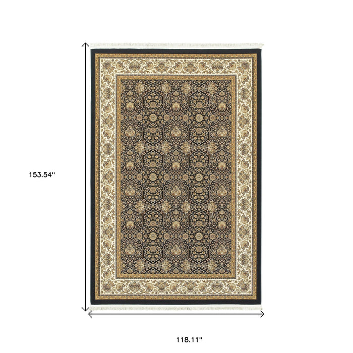 10' X 13' Oriental Area Rug With Fringe - Navy Blue / Ivory