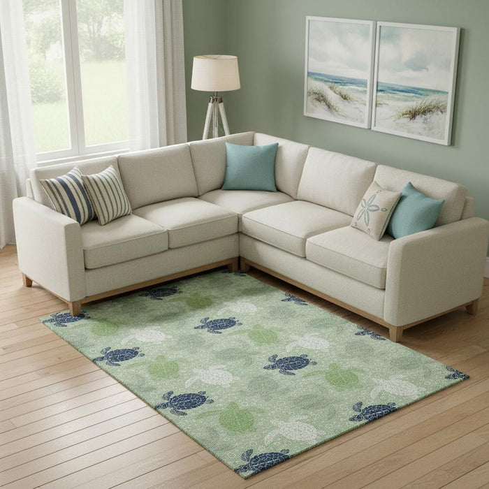 10' X 14' Geometric Washable Area Rug With UV Protection (646163) - Green / Ivory / Navy Blue