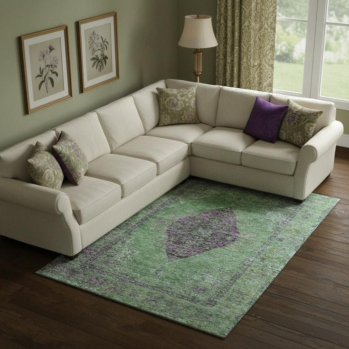 10' X 14' Medallion Washable Area Rug With UV Protection (714847) - Lime Green / Purple