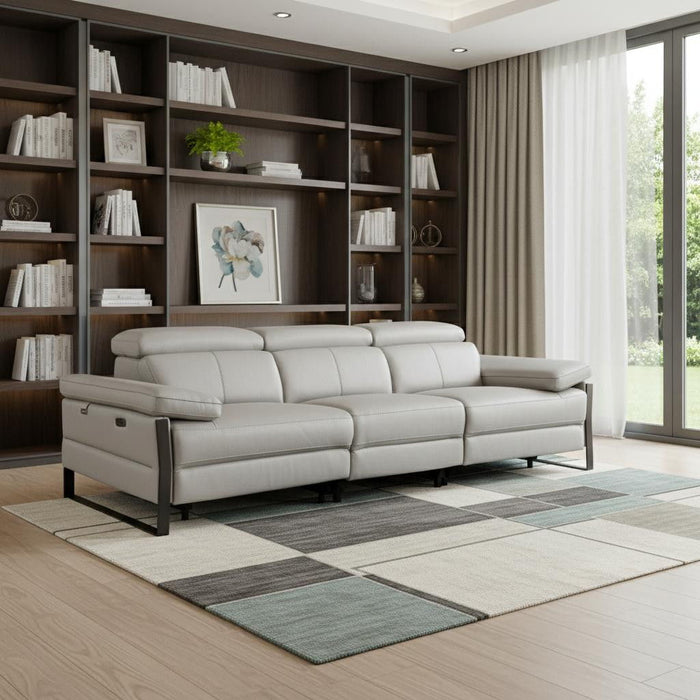 Top Grain Leather Reclining Metal USB Sofa (720333) - Light Gray