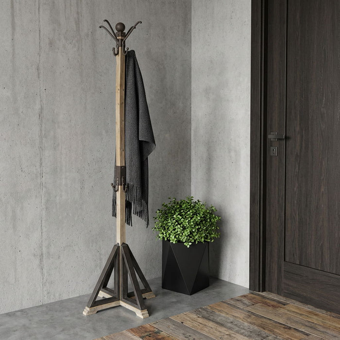 Solid Wood Steel Twelve Hook Freestanding Coat Rack - Black / Brown