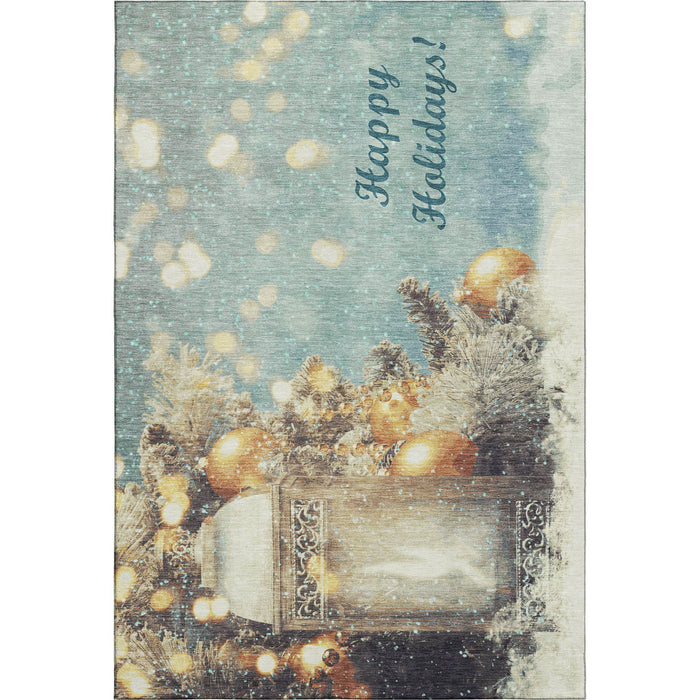 10' X 14' Christmas Distressed Washable Area Rug With UV Protection (646421) - Blue / Gold / Ivory