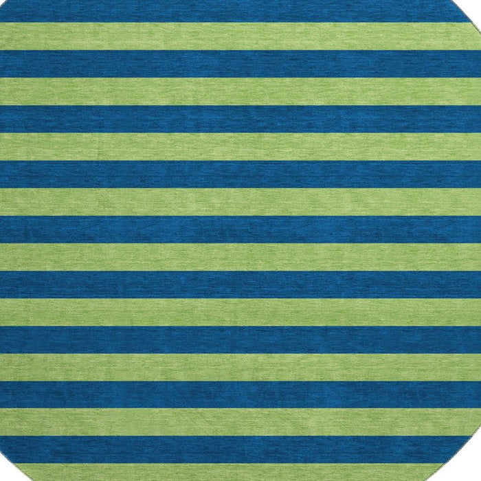 8' Striped Washable Round Rug With UV Protection (647755) - Navy Blue / Green