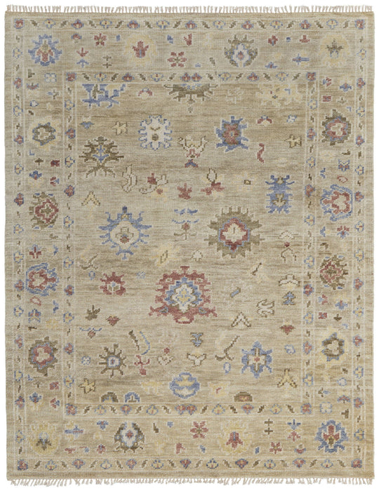 9' x 12' Wool Floral Hand Knotted Area Rug With Fringe - Tan Brown And Blue
