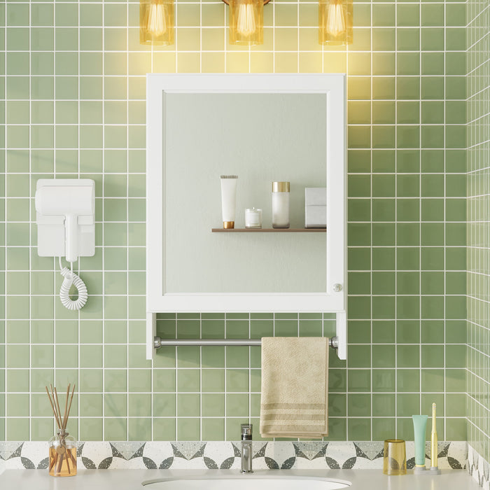 Giga 3-in-1 wall-mounted bathroom mirror cabinet with adjustable shelf, soft-close door, mirror, and towel bar in white.