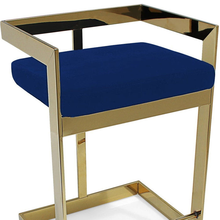 30" Metal And Velvet Low Back Bar Height Bar Chair - Blue / Gold