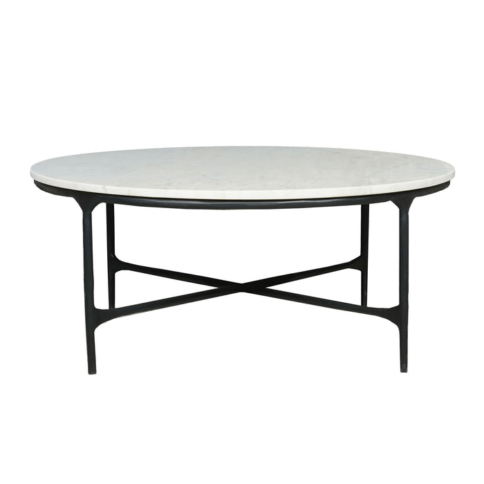 HomeRoots 55-inch marble and iron round coffee table with white and black marble top and cross-leg design.