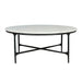 HomeRoots 55-inch marble and iron round coffee table with white and black marble top and cross-leg design.